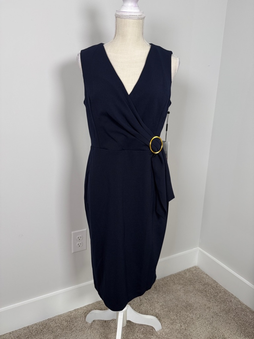 Calvin Klein Navy Sleeveless Faux-Wrap Midi Dress with Gold Ring
